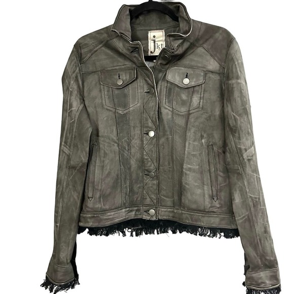 JKT NYC Alexa Patina Leather Jacket Frayed Hem Gray - Small - Picture 1 of 10
